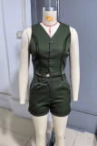 Orange Casual Solid Color Buttons V Neck Sleeveless Two Pieces