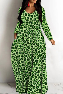 Green Casual Leopard Print Basic V Neck Long Dresses