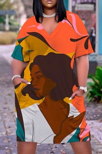 Orange Casual Daily Print Basic V Neck Long Sleeve Plus Size Dresses