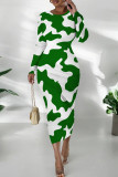 Black And White Casual Print Patchwork O Neck Long Dresses