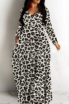 Cream White Casual Leopard Print Basic V Neck Long Dresses