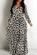 Cream White Casual Leopard Print Basic V Neck Long Dresses