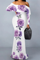 White Purple Sexy Flowers Print Ruffle Contrast Off Shoulder Long Dresses