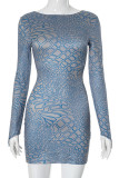 Gray Blue Sexy Print Patchwork O Neck Wrapped Skirt Dresses