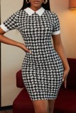 Deep Red Casual Print Patchwork Turndown Collar Short Sleeve Short Sleeve Dress