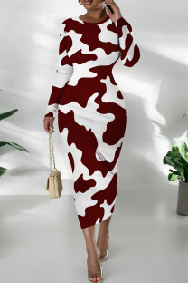 Burgundy Casual Print Patchwork O Neck Long Dresses