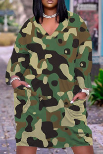 Army Green Casual Camouflage Print Pocket Basic V Neck Long Sleeve Plus Size Dresses