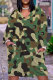 Army Green Casual Camouflage Print Pocket Basic V Neck Long Sleeve Plus Size Dresses