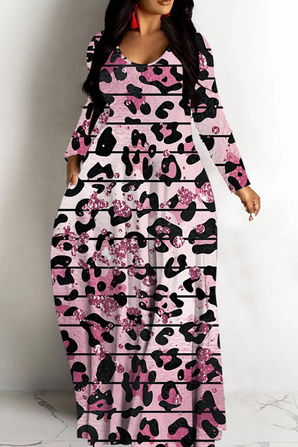 Pink Casual Leopard Print Basic V Neck Long Dresses