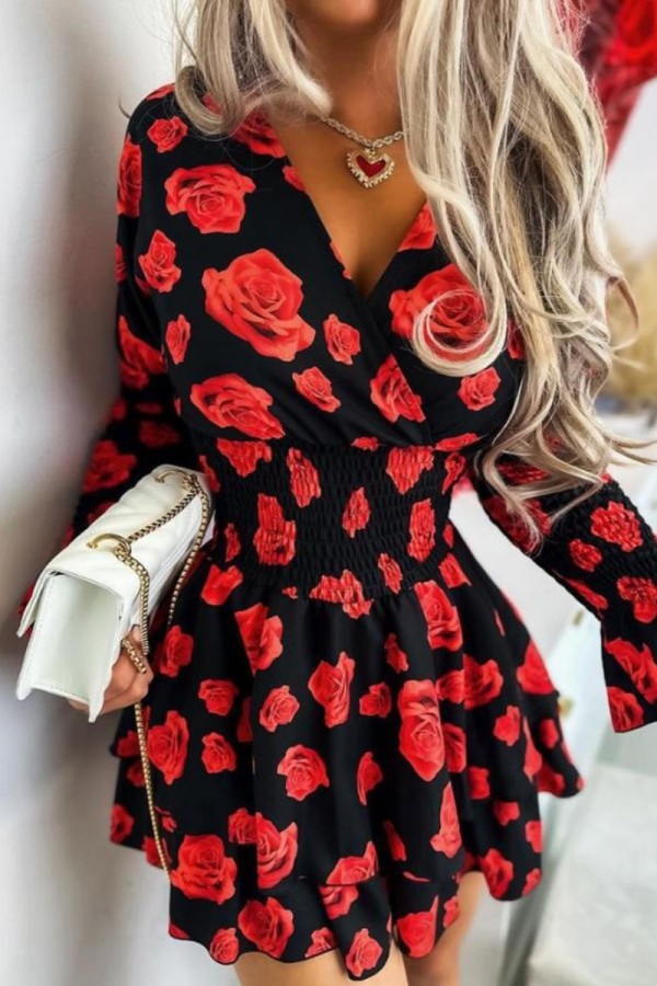 Black Red Casual Print Solid Patchwork V Neck Long Sleeve Dresses