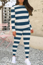 Blue White Casual Colorblock Patchwork O Neck Long Sleeve Two Pieces