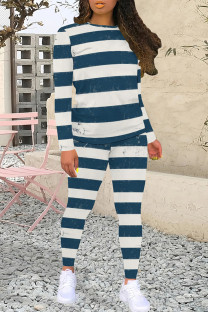 Blue White Casual Colorblock Patchwork O Neck Long Sleeve Two Pieces