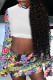 White Casual Print Patchwork O Neck Tops