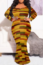 Orange Sexy Colorblock Print Contrast Fishtail V Neck Printed Plus Size Dresses
