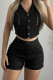 Black Casual Solid Color Buttons V Neck Sleeveless Two Pieces