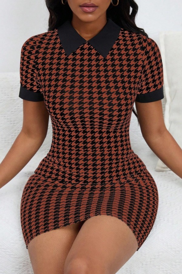 Deep Red Casual Print Patchwork Turndown Collar Short Sleeve Short Sleeve Dress