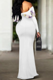 White Purple Sexy Flowers Print Ruffle Contrast Off Shoulder Long Dresses