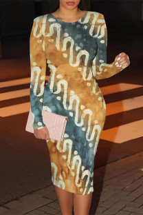 Golden Yellow Casual Street Geometric Print Contrast O Neck Printed Dresses