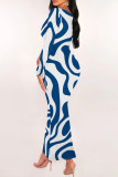 Blue Casual Stripe Patchwork U Neck Wrapped Skirt Dresses
