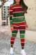 Red Green Casual Colorblock Patchwork O Neck Long Sleeve Two Pieces