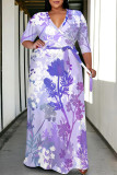 Black Casual Street Floral Print Camouflage Print Gradient Lace Up Contrast V Neck Printed Plus Size Dresses