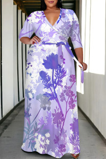 Light Purple Casual Street Floral Print Camouflage Print Gradient Lace Up Contrast V Neck Printed Plus Size Dresses