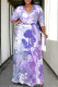 Light Purple Casual Street Floral Print Camouflage Print Gradient Lace Up Contrast V Neck Printed Plus Size Dresses