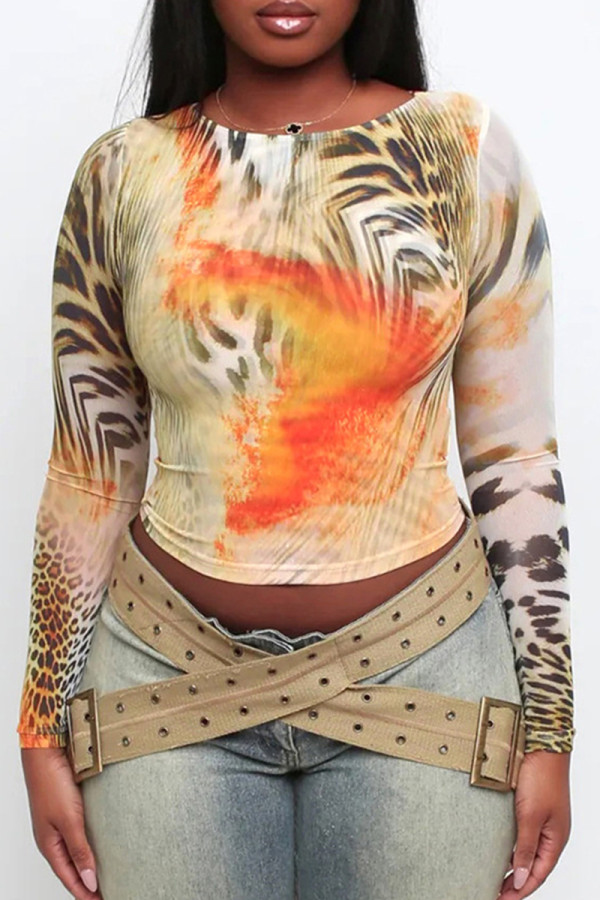 Yellow Casual Print Patchwork O Neck Tops