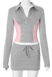 Grey Casual Draw String Patchwork Contrast V Neck Long Sleeve Two Pieces