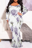 White Purple Sexy Floral Print Contrast O Neck Printed Plus Size Dresses