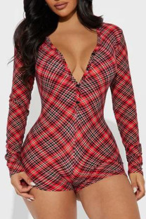 Red Casual Plaid Buckle Patchwork V Neck Skinny Rompers