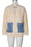 Blue Casual Pocket Buckle Patchwork Contrast V Neck Tops