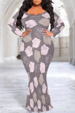 White Purple Sexy Floral Print Contrast O Neck Printed Plus Size Dresses