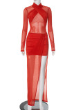 Red Elegant Solid Color Patchwork High Slit O Neck Long Dresses