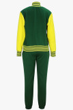 Green Casual Letters Pocket Patchwork Contrast Cardigan Collar Long Sleeve Two Pieces