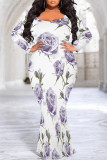 White Purple Sexy Floral Print Contrast O Neck Printed Plus Size Dresses