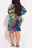 Colour Sexy Street Floral Print Lace Up Ruffle Contrast V Neck Printed Plus Size Dresses