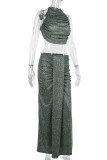 Green Elegant Solid Color Patchwork Ruched O Neck Two Pieces