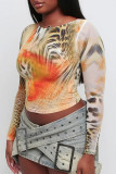 Yellow Casual Print Patchwork O Neck Tops