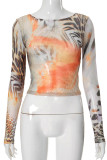 Yellow Casual Print Patchwork O Neck Tops