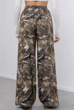 Brownness Casual Print Pocket Patchwork Loose High Waist Wide Leg Full Print Bottoms