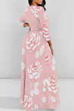 Pink Casual Street Floral Print Butterfly Lace Up O Neck Printed Dresses