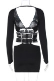 Black Sexy Solid Color Hollow Out Patchwork Deep V Neck Long Sleeve Two Pieces