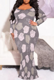 White Purple Sexy Floral Print Contrast O Neck Printed Plus Size Dresses