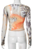 Yellow Casual Print Patchwork O Neck Tops