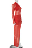 Red Elegant Solid Color Patchwork High Slit O Neck Long Dresses