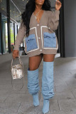 Blue Casual Pocket Buckle Patchwork Contrast V Neck Tops