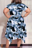 Black Casual Street Geometric Print Floral Print Pocket Irregular Contrast O Neck Irregular Plus Size Dresses