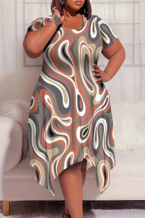 Brown Hazel Casual Street Geometric Print Floral Print Pocket Irregular Contrast O Neck Irregular Plus Size Dresses