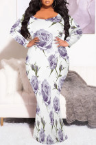 White Purple Sexy Floral Print Contrast O Neck Printed Plus Size Dresses